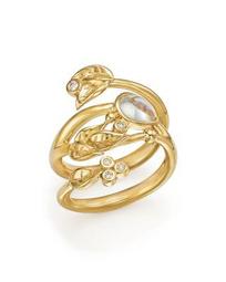 18K Yellow Gold Royal Blue Moonstone and Diamond Leaf Ring