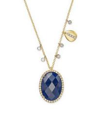 14K Yellow Gold and 14K White Gold Blue Sapphire Pendant Necklace with Diamonds, 16"