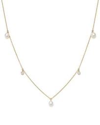 14K Yellow Gold Necklace with Freshwater Cultured Pearls and Diamonds, 16"