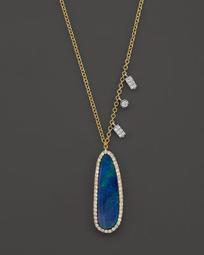 14K Yellow Gold Oval Blue Opal Necklace with Diamonds, 16"