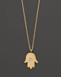 14K Yellow Gold Hamsa Necklace, 16"