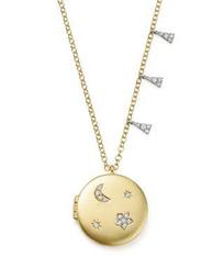 14K White and Yellow Gold Diamond Moon and Star Locket Necklace, 16"
