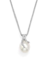 14K White Gold South Sea Cultured Pearl and Diamond Necklace, 18"
