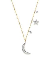 14K White and Yellow Gold Diamond Moon and Star Pendant Necklace, 16"