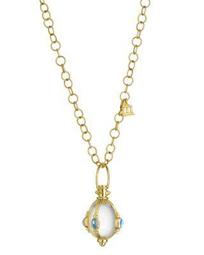 18K Yellow Gold Classic Cabochon Amulet with Oval Rock Crystal, Royal Blue Moonstone and Tanzanite