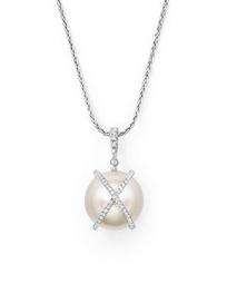 18K White Gold X & O Natural Color Baroque White South Sea Cultured Pearl and Diamond Pendant Necklace, 18"