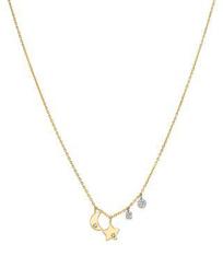 14K White and Yellow Gold Diamond Mini Moon and Star Charm Necklace, 17"