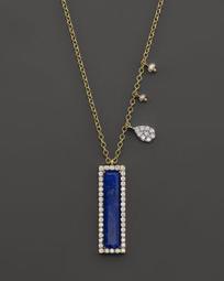 14K Yellow Gold Lapis Pendant Necklace with Diamonds, 16"