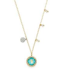 14K Yellow Gold Turquoise Doublet and Diamond Pendant Necklace with Cultured Freshwater Pearl Charms, 16"