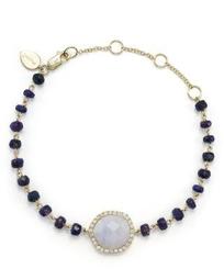 14K Yellow Gold, Blue Lace Chalcedony and Sapphire Bead Bracelet with Diamonds