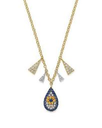 14K White and Yellow Gold Sapphire and Diamond Evil Eye Teardrop Pendant Necklace, 18"