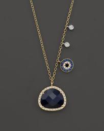 14K Yellow Gold Sapphire Evil Eye Disc Necklace with 14K White Gold Side Bezels, 16"
