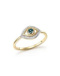 14K Yellow Gold Tiny Pavé White & Blue Diamond Evil Eye Ring