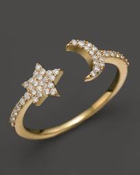 14K Yellow Gold Moon & Star Ring with Diamonds