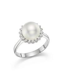 14K White Gold Natural Color White South Sea Cultured Pearl and Diamond Ring