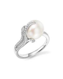 14K White Gold South Sea Cultured Pearl and Diamond Ring