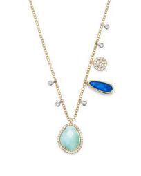 14K White and Yellow Gold Larimar, Opal and Diamond Necklace, 19"