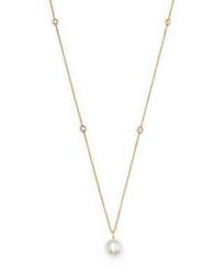 14K Yellow Gold Cultured Freshwater Pearl & Diamond Station Necklace, 18"