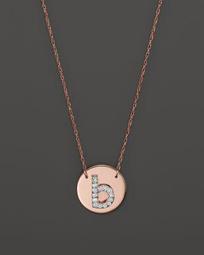 Jane Basch 14K Rose Gold Circle Disc Pendant Necklace with Diamond Initial, 16"