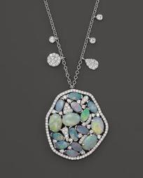 14K White Gold Mosaic Opal Pendant Necklace, 18"