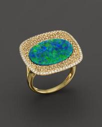14K Yellow Gold Opal Square Ring with Diamonds