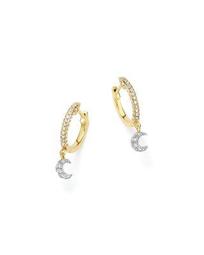14K White and Yellow Gold Moon Charm Hoop Earrings with Diamonds