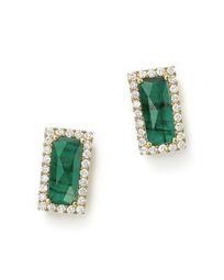 14K Yellow Gold Emerald Rectangle Stud Earrings with Diamonds