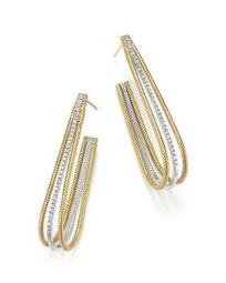 14K Yellow and White Gold Elongated Open Hoop Earrings with Diamonds