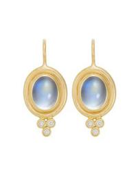 Temple St. Clair 18K Yellow Gold Classic Oval Earrings with Cabochon Royal Blue Moonstone and Diamond Granulation