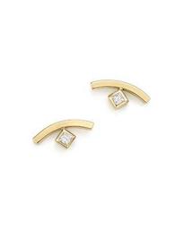 14K Yellow Gold Curved Bar Earrings with Bezel Set Diamonds