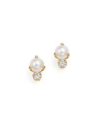 14K Yellow Gold Prong Set Cultured Freshwater Pearl & Diamond Earrings
