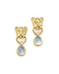 18K Yellow Gold Lion Cub Diamond and Royal Blue Moonstone Drop Earrings