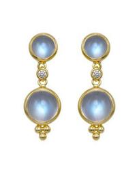 Temple St. Clair Double Drop Earrings with Royal Blue Moonstone and Diamond in 18K Yellow Gold