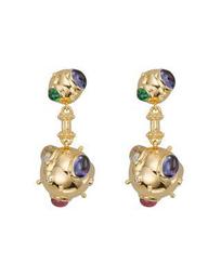 18K Yellow Gold Cosmos Double Drop Earrings with Royal Blue Moonstone, Tsavorite, Tanzanite, Pink Tourmaline and Diamonds