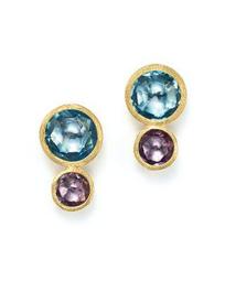 18K Yellow Gold Jaipur Two Stone Earrings with Blue Topaz and Amethyst