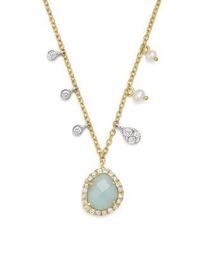 14K White & Yellow Gold Milky Aquamarine, Diamond & Dangling Cultured Freshwater Seed Pearl Necklace, 16"