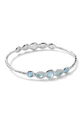 Sterling Silver Bezel Set Swiss Blue Topaz & Mother of Pearl Stations & Diamond Halo Bangle - 0.32 ctw