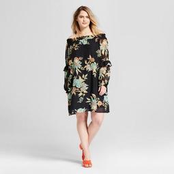 Women's Plus Size Floral Off the Shoulder Dress with Ruffle Sleeve - Xhilaration™ Black