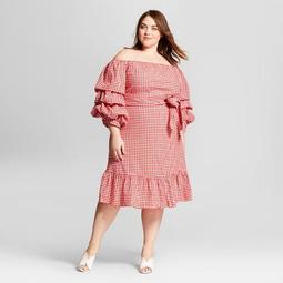 Women's Plus Size Pick Up Sleeve Bardot Dress - Who What Wear™ Red Gingham