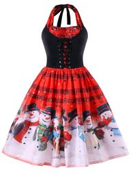 Christmas Plus Size Music Notes Halter Dress - Red - Xl