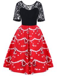 Christmas Lace Yoke 50s Swing Dress - Black And Red - M