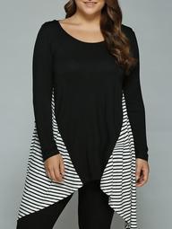Plus Size Striped Loose Fitting Asymmetrical Blouse - White And Black - 2xl
