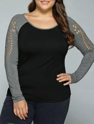 Plus Size Hollow Out Raglan Sleeve T-Shirt - Black And Grey - 4xl