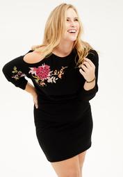 plus size sweatshirt dress with single cold shoulder and floral embroidery