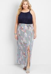 plus size mixed fabric maxi dress with front slit