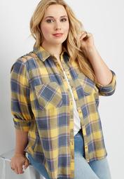 plus size button down plaid shirt with unlined strappy shoulders