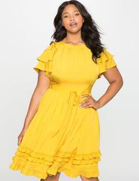 Ruffles and Pintucks Fit and Flare Dress