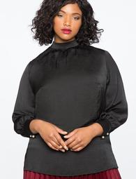 Gathered Mock Neck Blouse with Pearl Button Cuff
