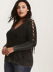 Ribbed Knit Mineral Wash Lace Up Sleeve Sweater