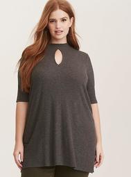 Charcoal Mock Neck Ribbed Cotton Tunic
